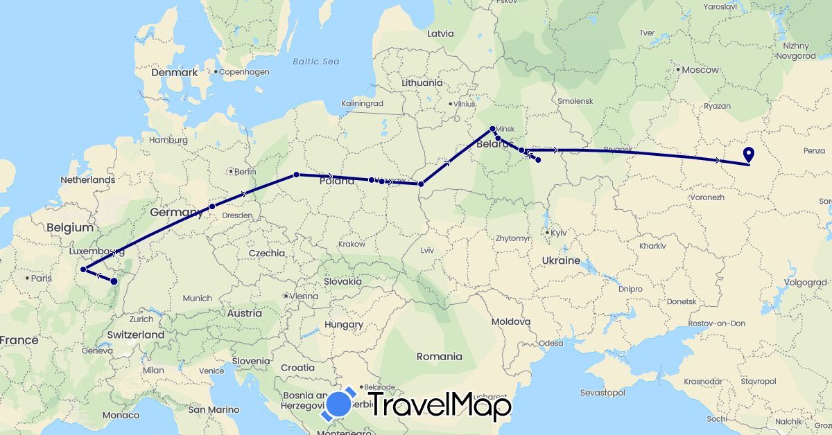 TravelMap itinerary: driving in Belarus, Germany, France, Poland, Russia (Europe)